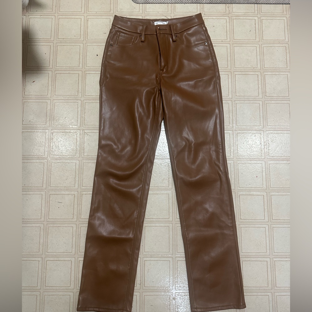 Good American Camel Color Leather Trousers